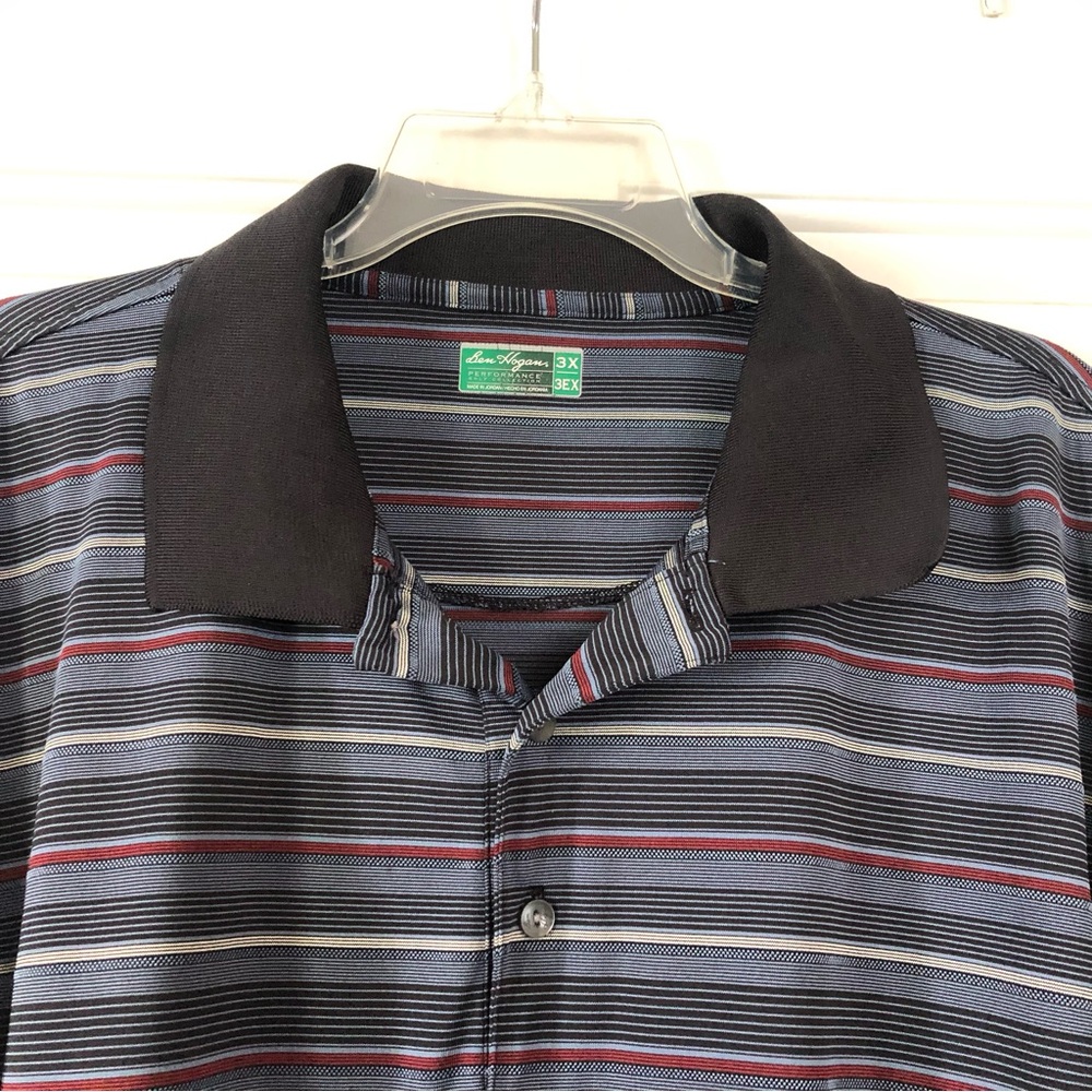 Ben Hogans 3XL Grey Striped Polo Shirt Black/Red Stripes Short Sleeve V-Neck EUC